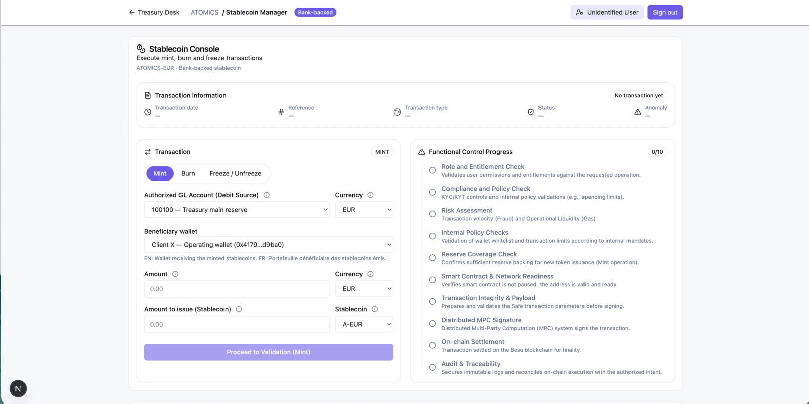 La console stablecoin ATOMICS : émission, destruction et gel de transactions avec liste de contrôles fonctionnels en temps réel